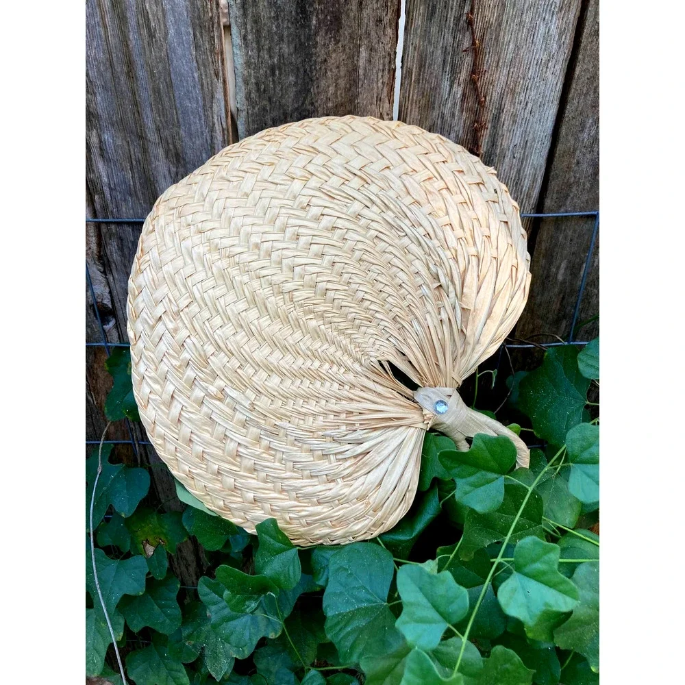 Vintage Boho Woven Raffia Fan w/ Rhinestone - Heart Shaped - Leaf Wall Decor